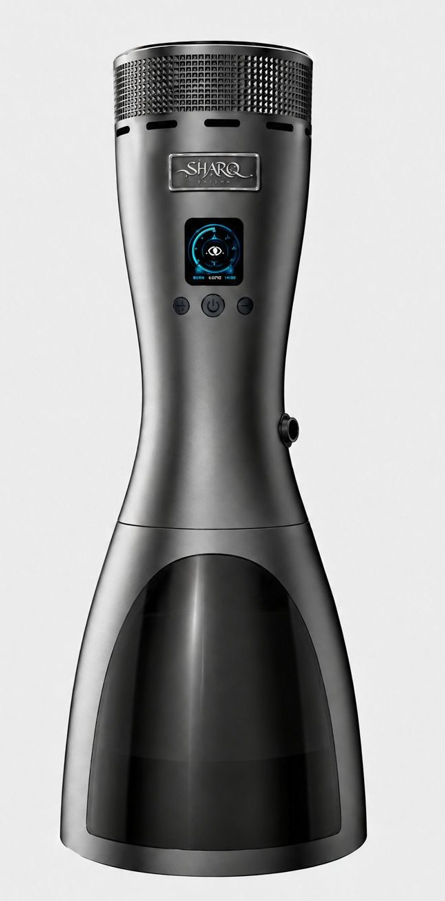 SHARQ electric shisha in gunmetal with brushed metal badge above the screen