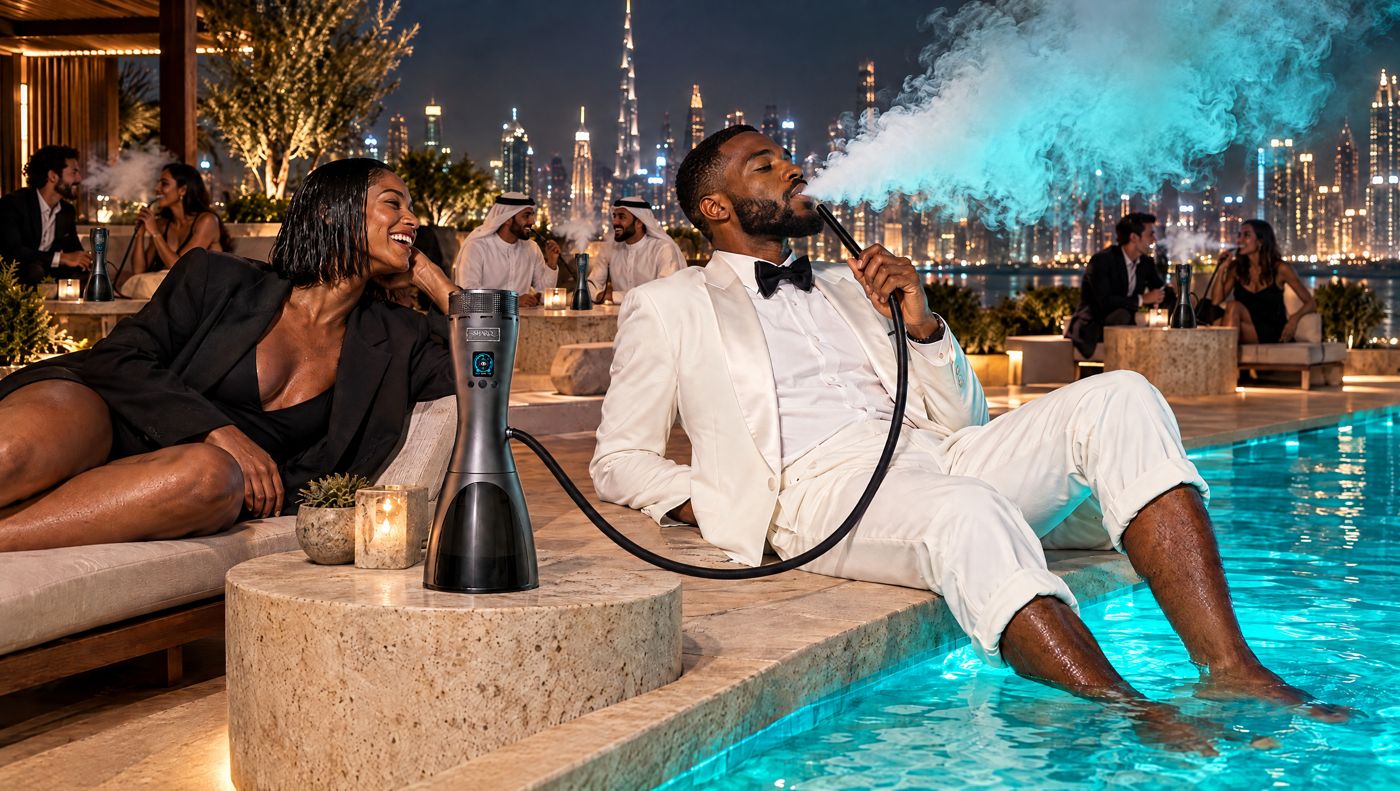 Guests using SHARQ at a rooftop pool party
